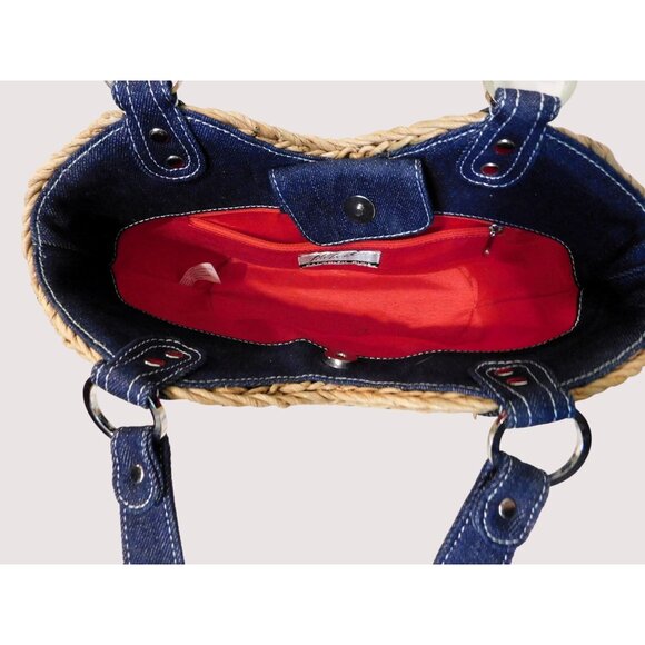 Randolph Duke The Look Straw Shoulder Bag Denim Belt Accents Blue Tan Purse - Picture 7 of 8